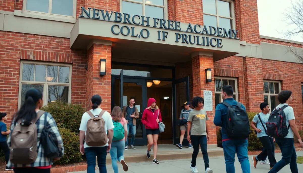Exterior of Newburgh Free Academy showing students arriving for school.