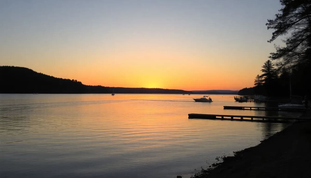 A tranquil Lake Mahopac scene at sunset, illustrating its beauty and risks.