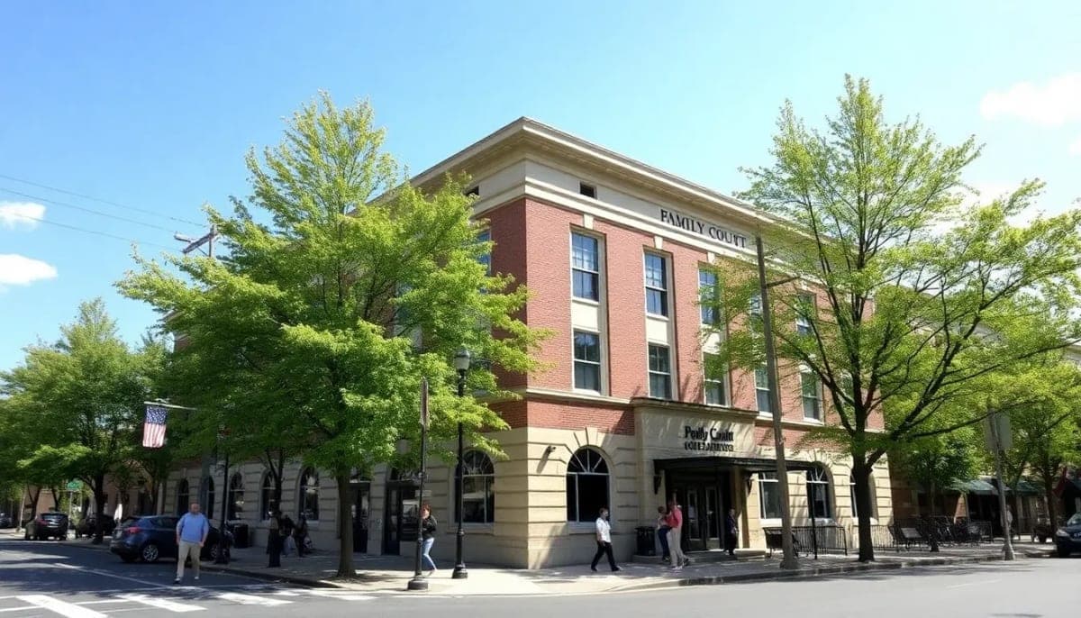 Peekskill family court building with community members outside on a sunny day.