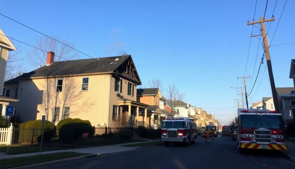 Firefighters battling a blaze at a damaged house in Newburgh, NY.