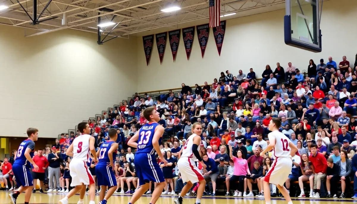 High school basketball game scene with players and crowd in an indoor gym.