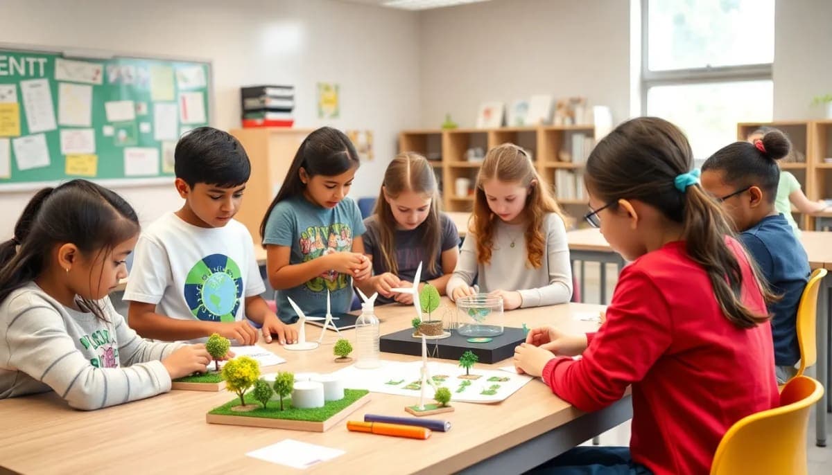 Students working on innovative STEM projects in a classroom setting.