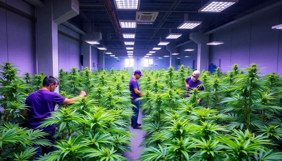 Indoor cannabis grow operation showcasing greenery and cultivation work.