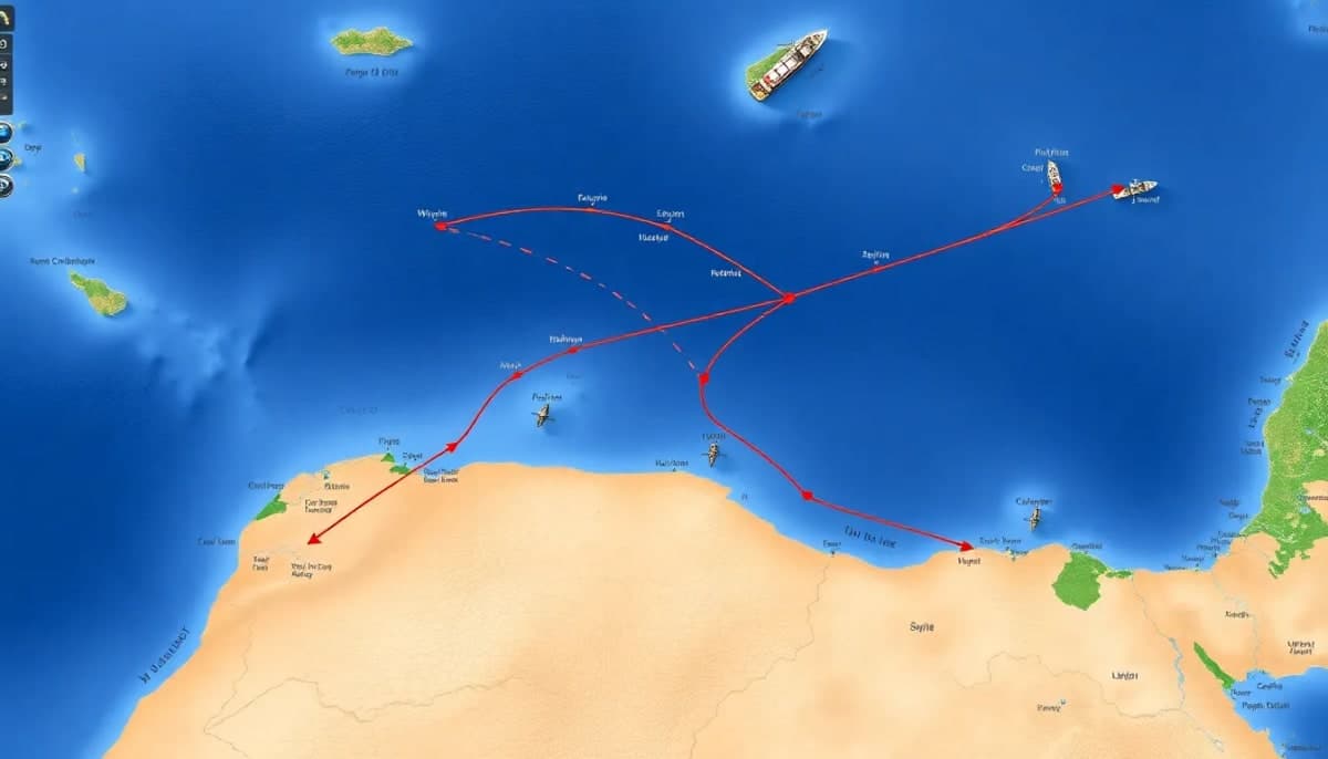 Map representation of the Strait of Hormuz highlighting oil routes and military presence.