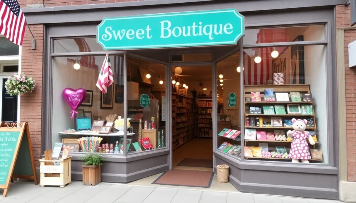 Exterior of Sweet Boutique in downtown Bethel with colorful candy displays.