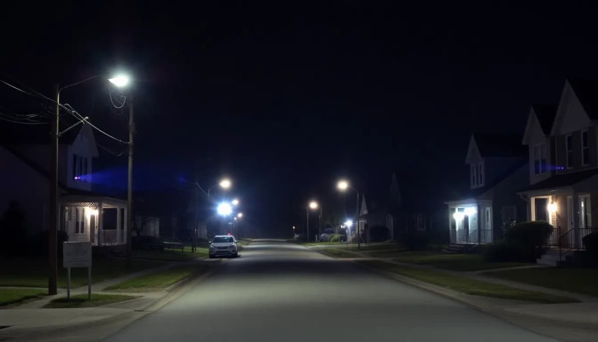Police lights in a quiet Warwick neighborhood at night.
