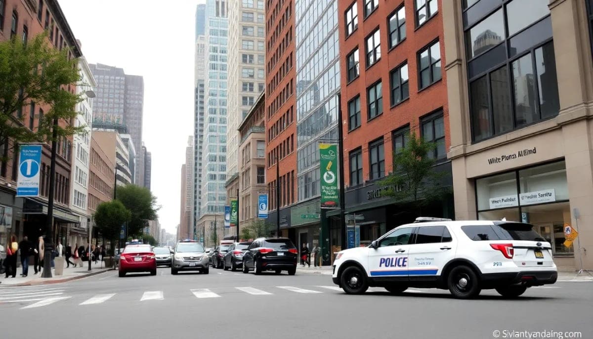 Police presence in White Plains, highlighting community safety concerns.