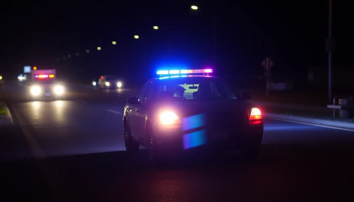 Police traffic stop with officers searching a vehicle at night.