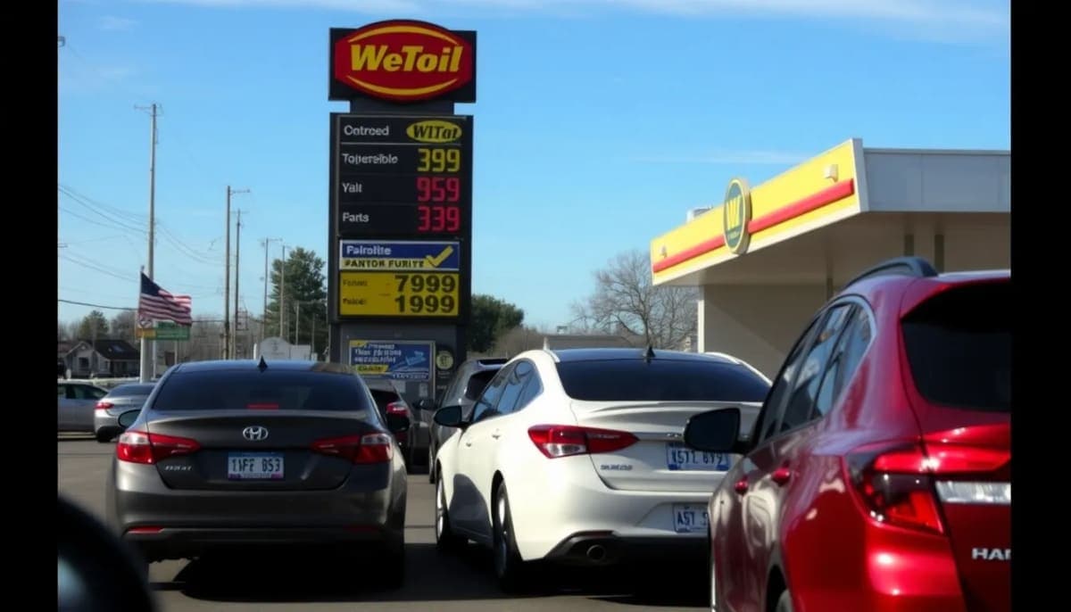Westchester gas station with high fuel prices displayed.