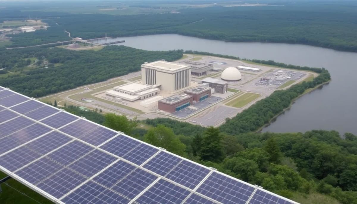 Closed Indian Point nuclear plant surrounded by greenery and solar panels.
