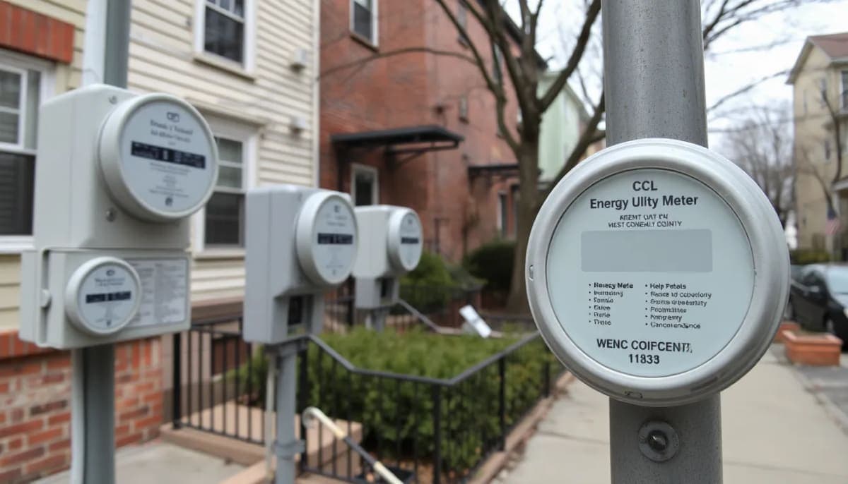 Energy utility meters on residential buildings in Westchester County.