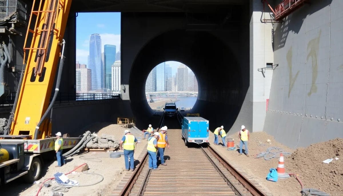 Gateway Tunnel construction site showing workers and equipment.