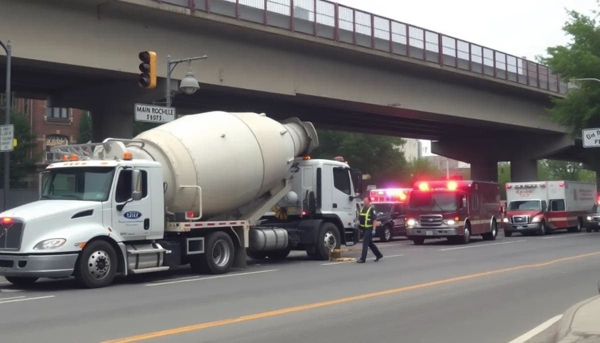 Cement truck crash at railroad overpass in New Rochelle, showcasing damage.