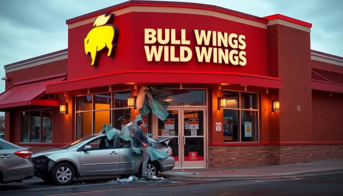 Damaged entrance of Buffalo Wild Wings after a car crash in White Plains.