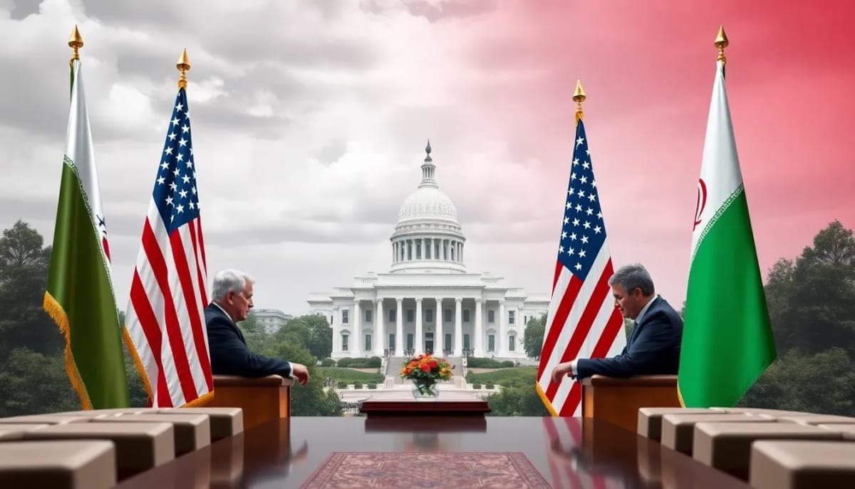Diplomatic negotiation scene between U.S. and Iran, symbolizing political tensions.