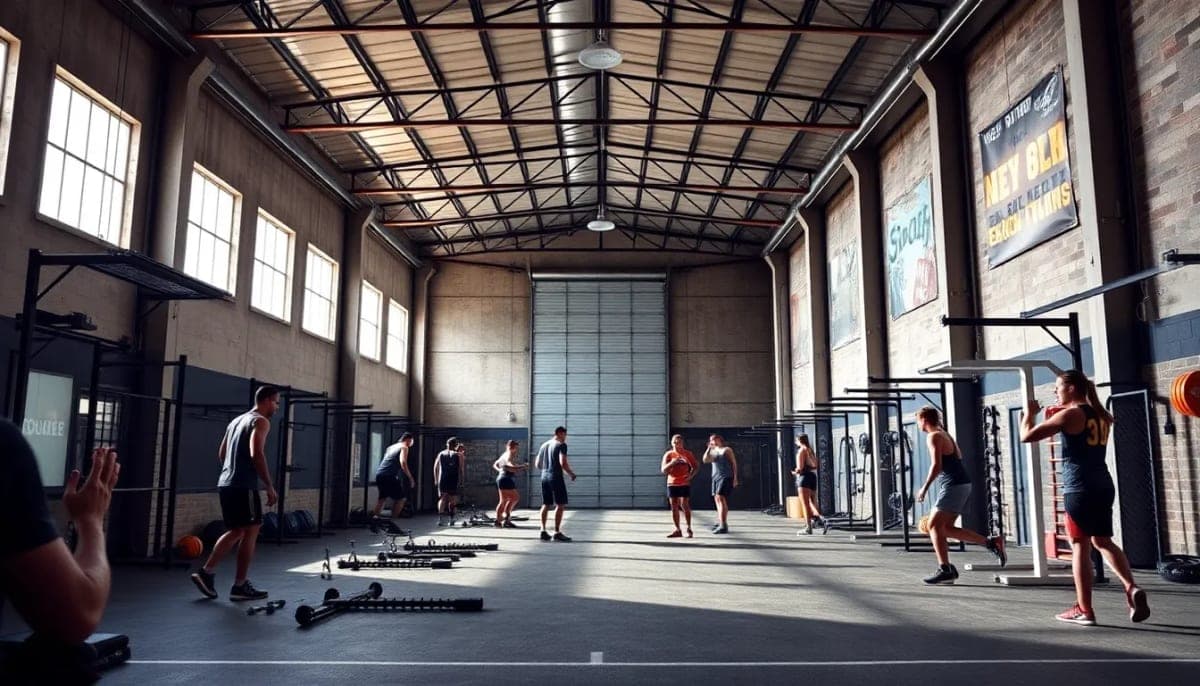 Converted warehouse sports training facility bustling with athletes.