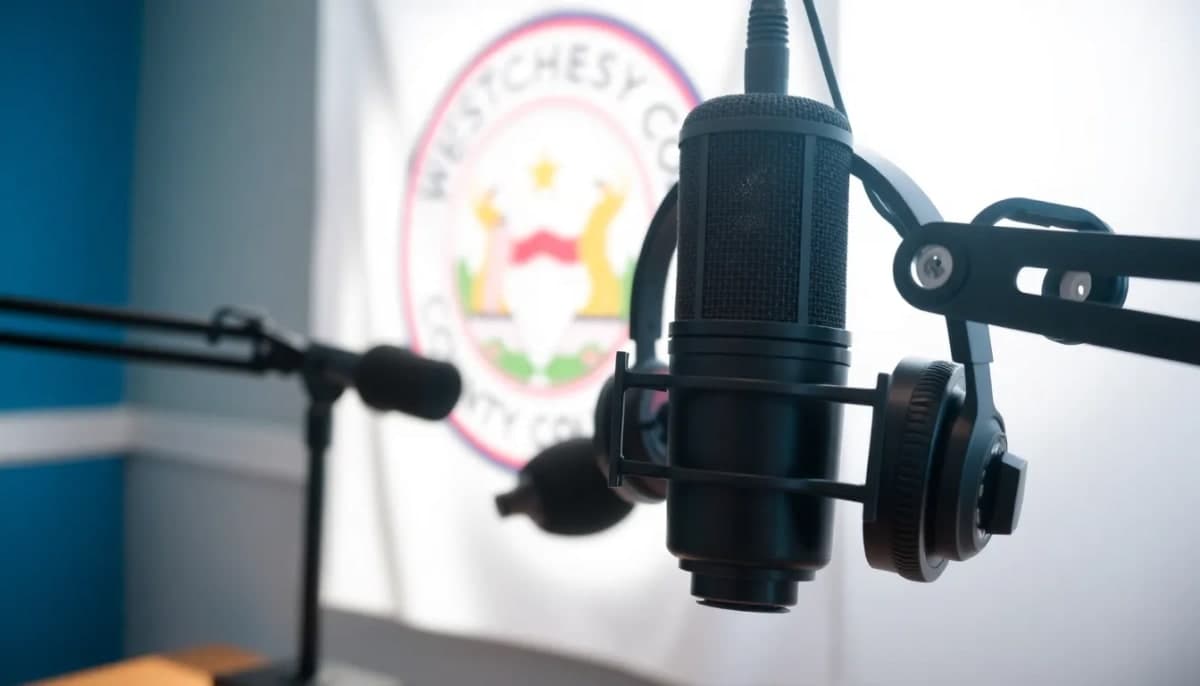 Podcast studio featuring Westchester County emblem, symbolizing community dialogue.