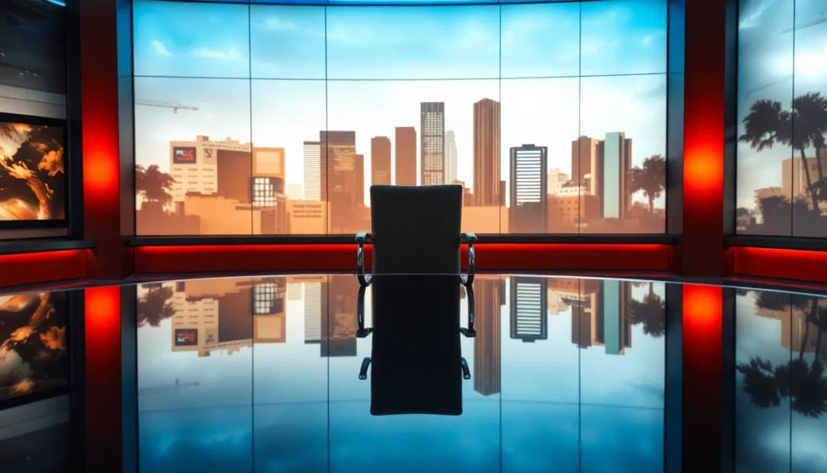 Empty news studio desk symbolizing Ernie Anastos's legacy in broadcasting.