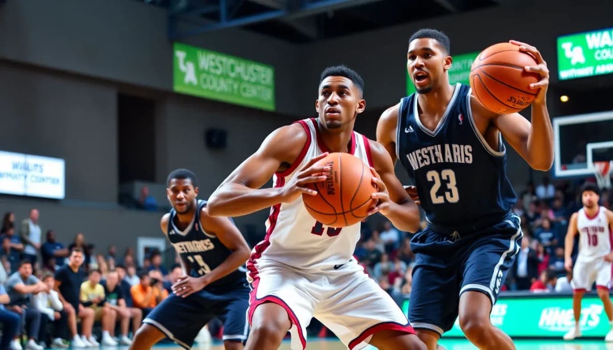 Youth basketball players competing in a game at the Westchester County Center.