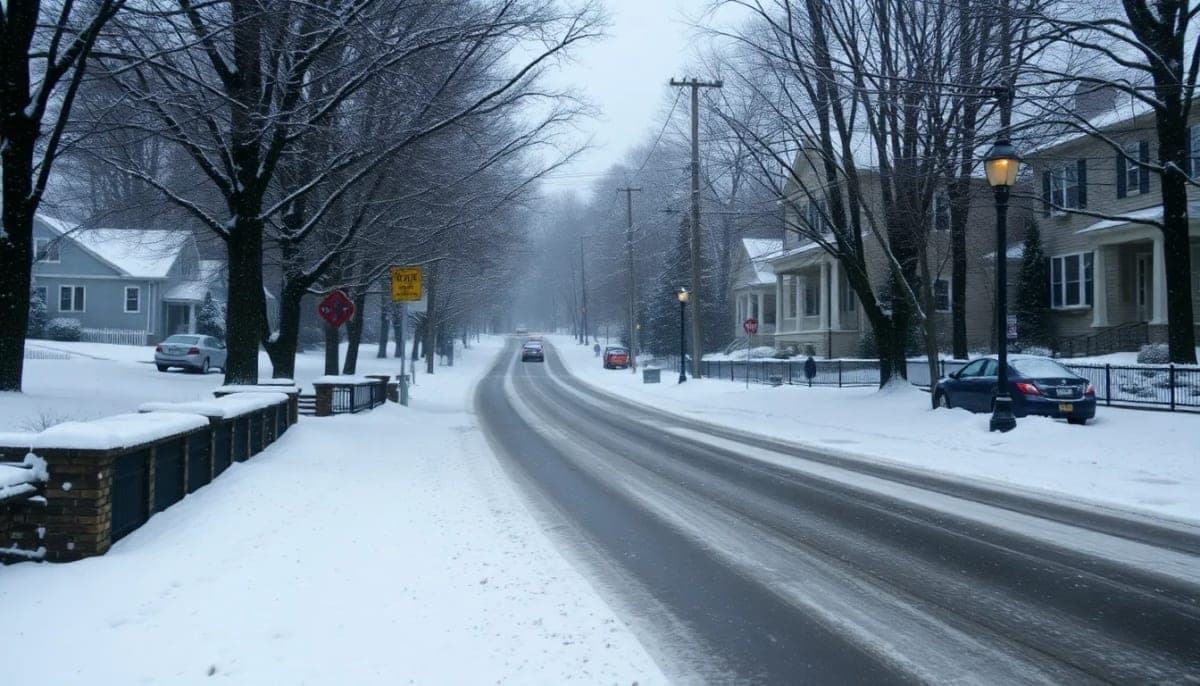 Snow-covered street in Westchester County during a cold front.