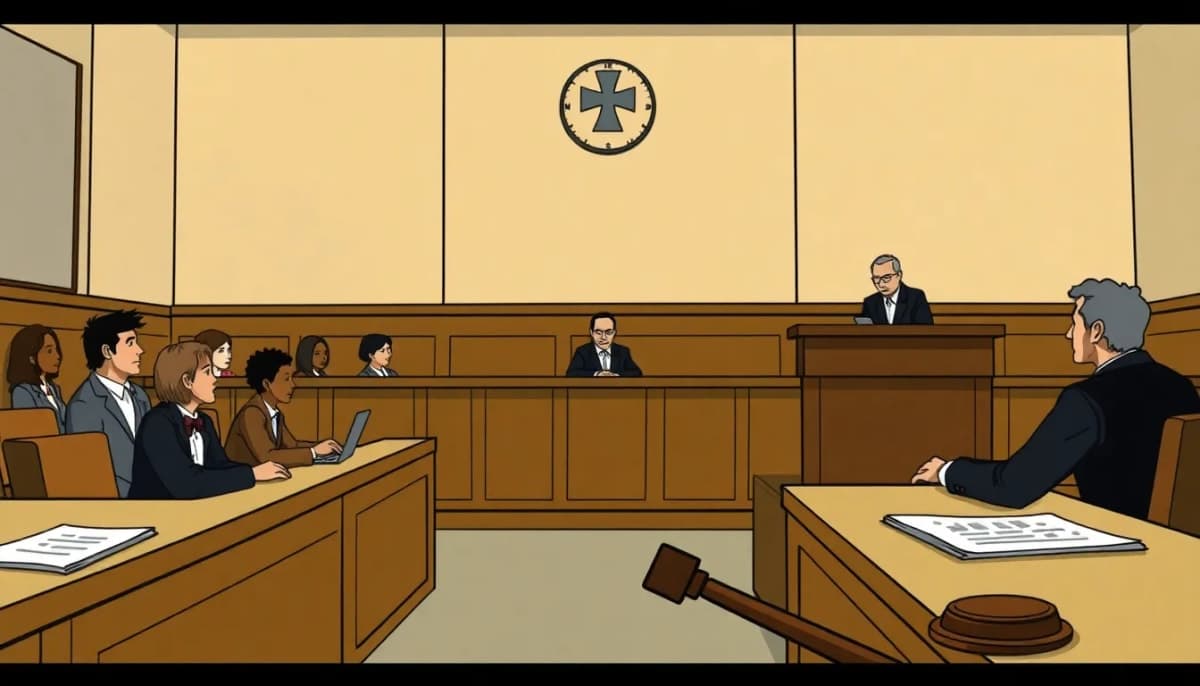 Courtroom scene depicting a jury and judge, related to self-defense trial.