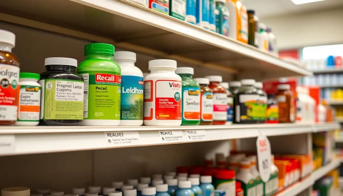 Dietary supplements on a pharmacy shelf with recall notices displayed.