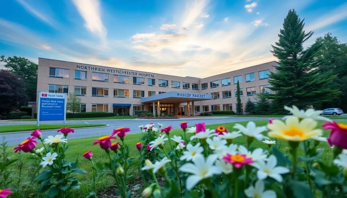 Outside view of Northern Westchester Hospital surrounded by flowers and trees.