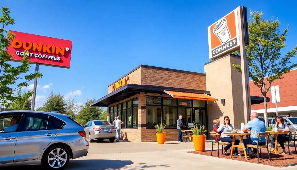 New Dunkin' location in Hudson Valley with customers enjoying outdoor coffee seating.