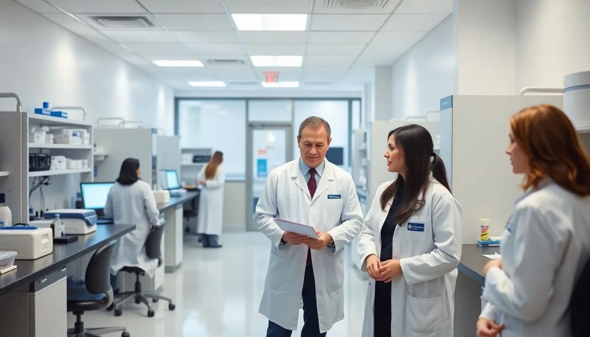 Researchers in a high-tech lab discussing heart failure treatment options.