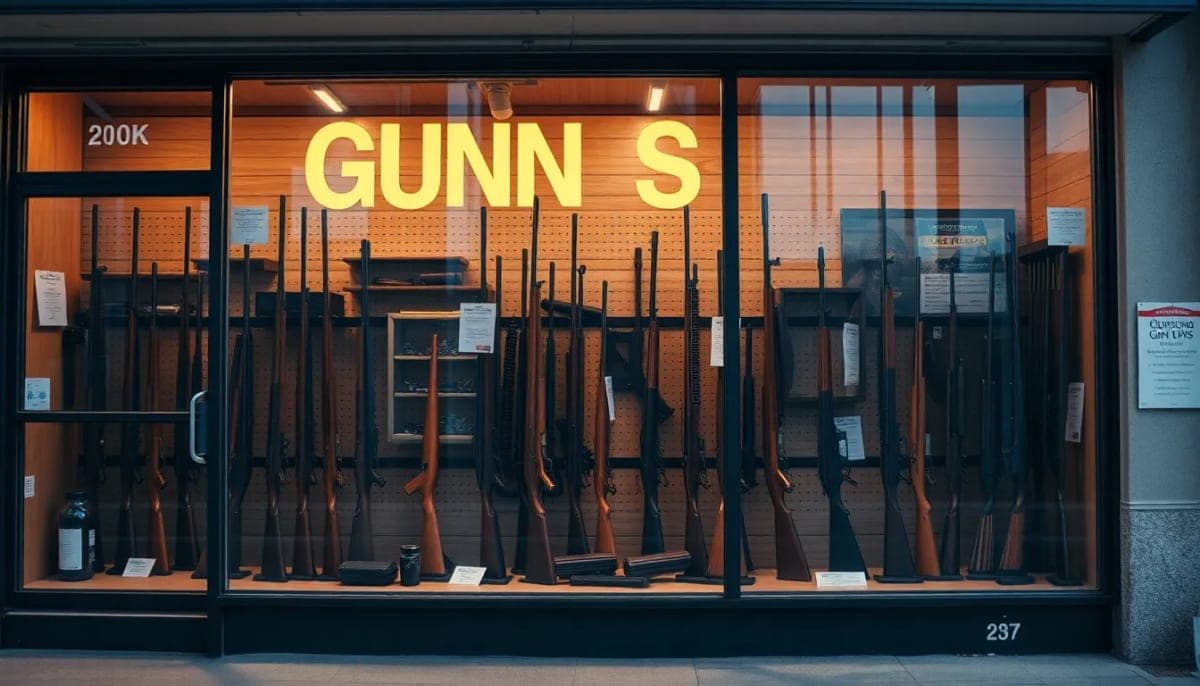 Gun shop displaying firearms, emphasizing safety concerns after ROTC shooting.