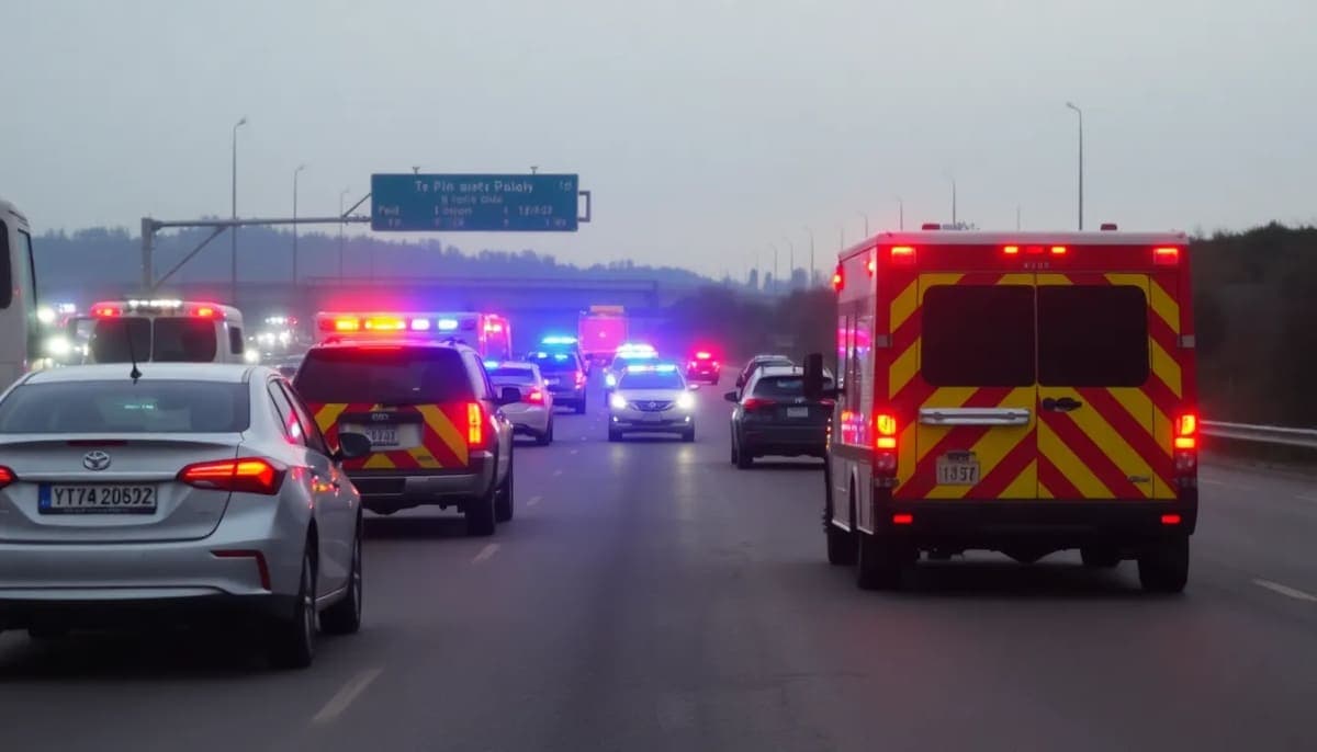 Emergency vehicles at a highway accident scene emphasizing road safety concerns.