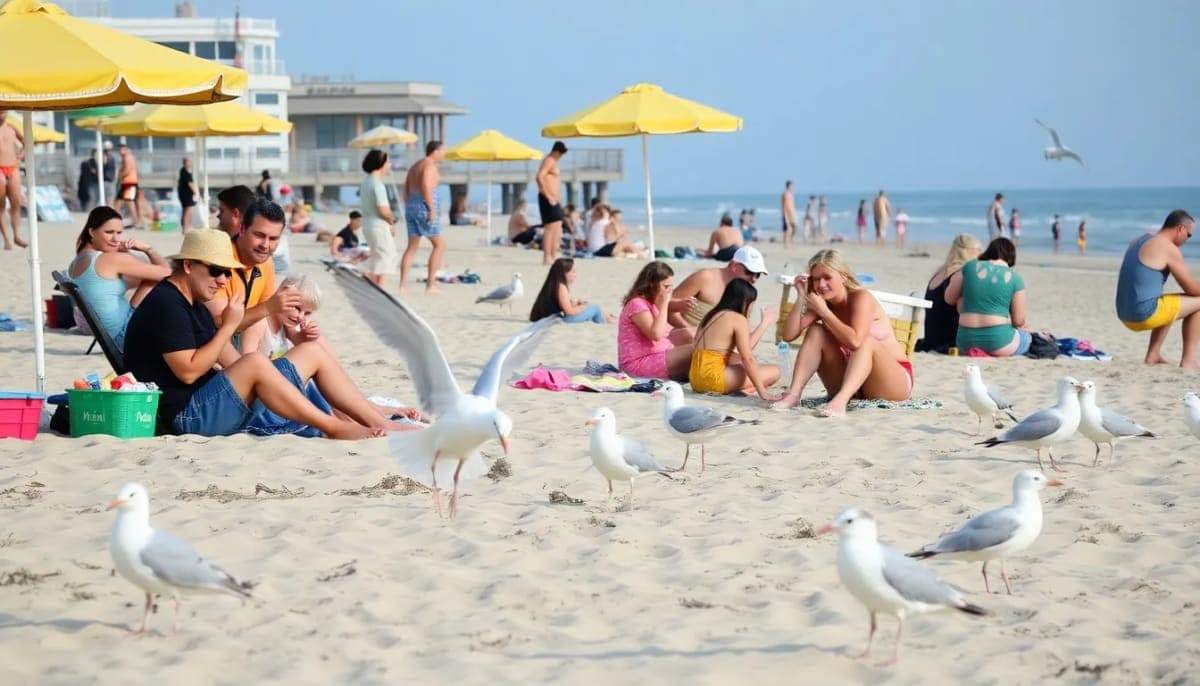 Families at the Jersey Shore enjoying food with seagulls in the background.