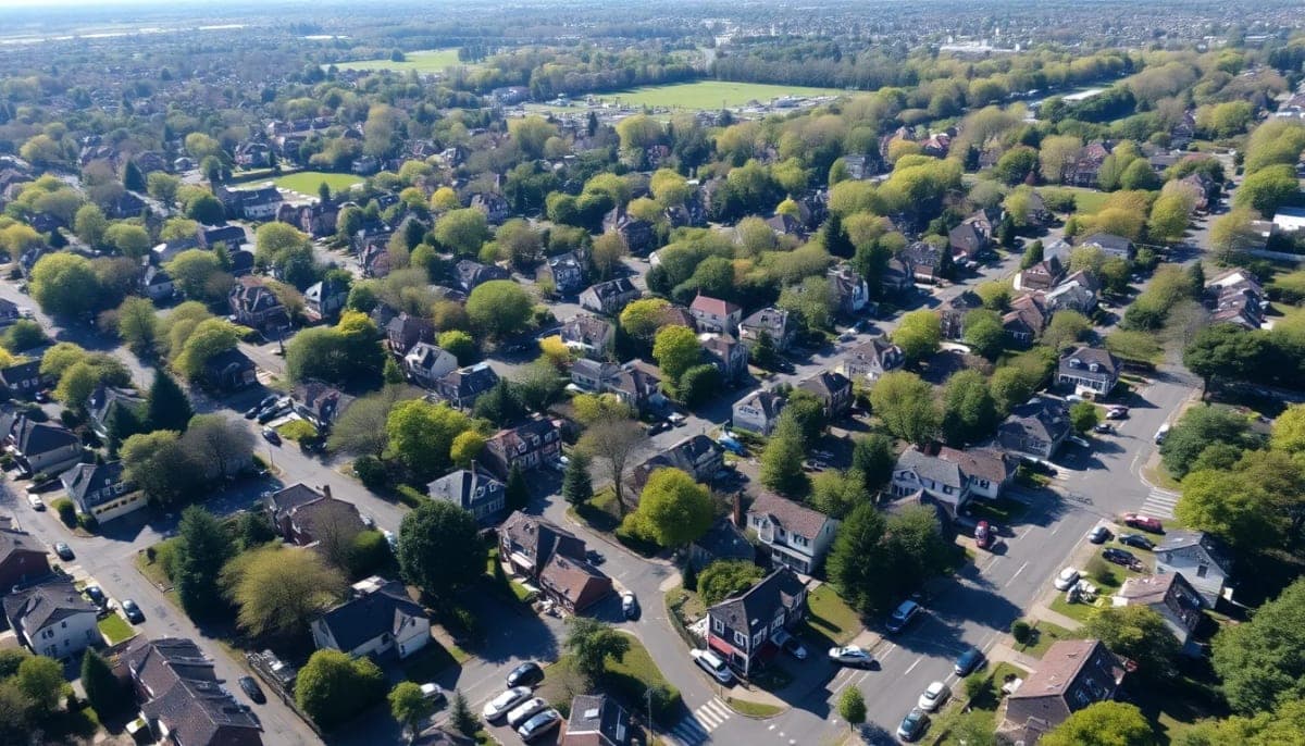 Aerial view of Westchester County with parked cars on streets.