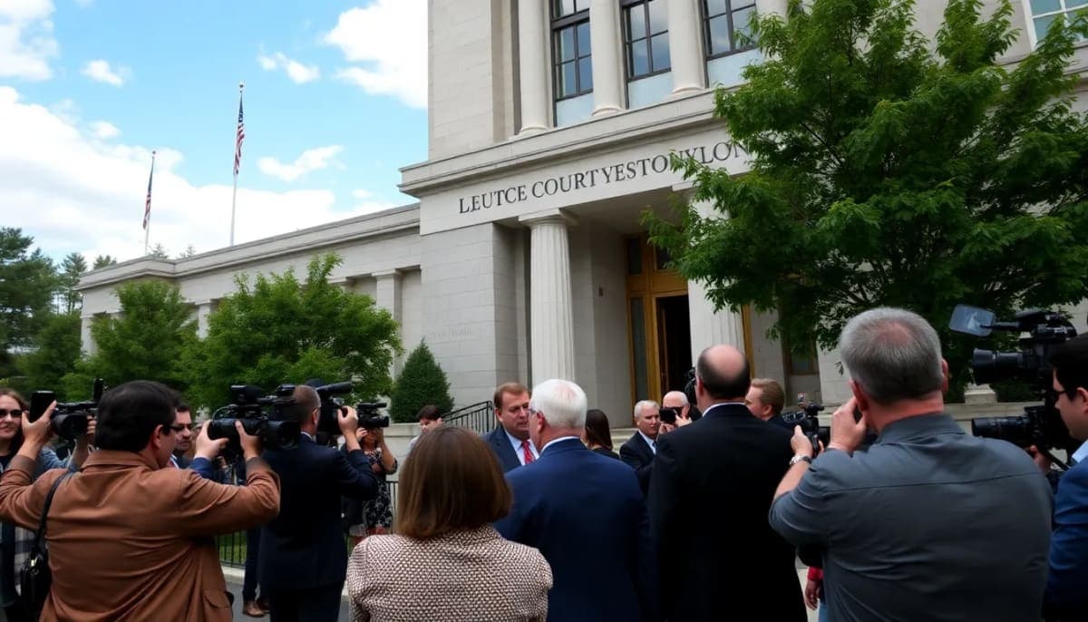 Courthouse in Westchester bustling with activity outside a high-profile trial.