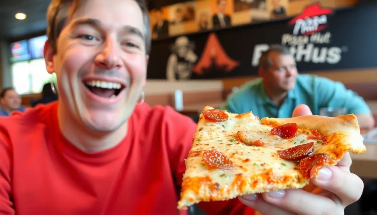 A taste tester enjoying a slice of Pizza Hut pizza in Westchester.