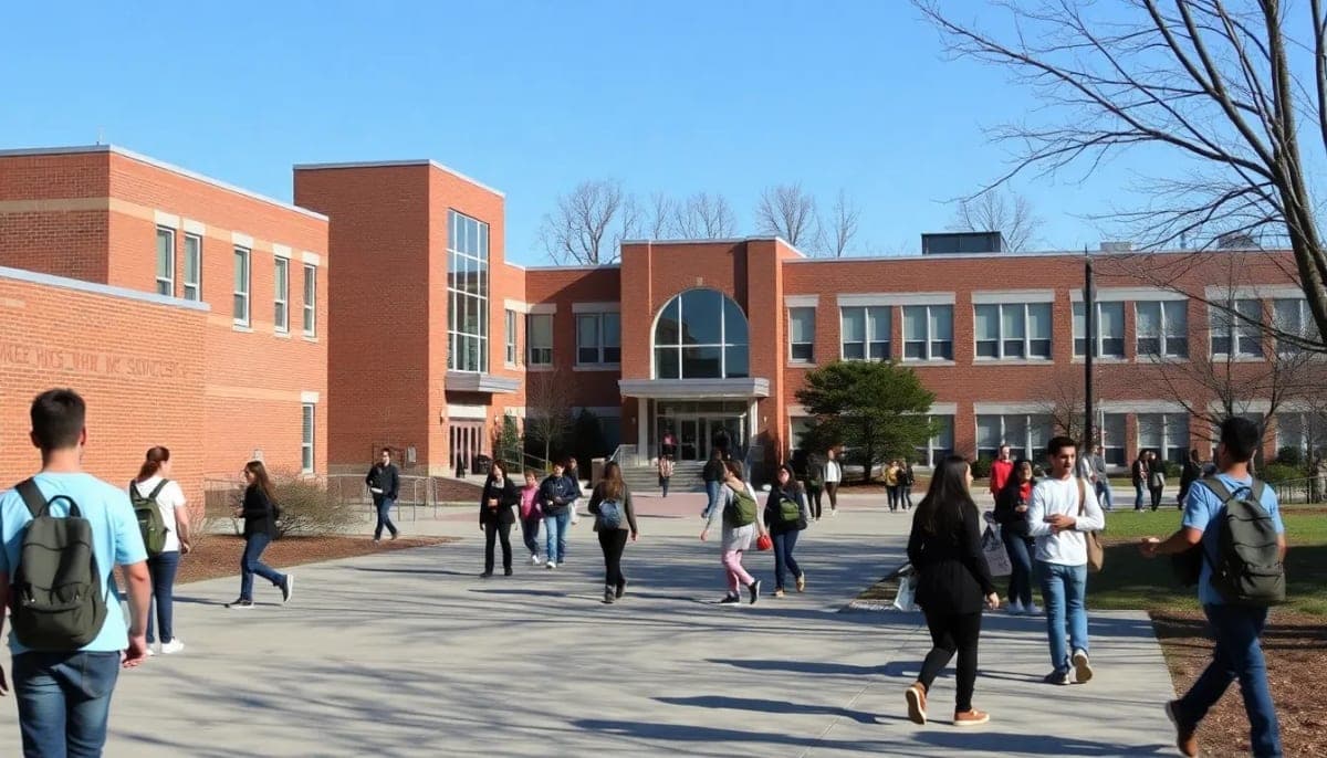 Mamaroneck High School campus during a busy school day.