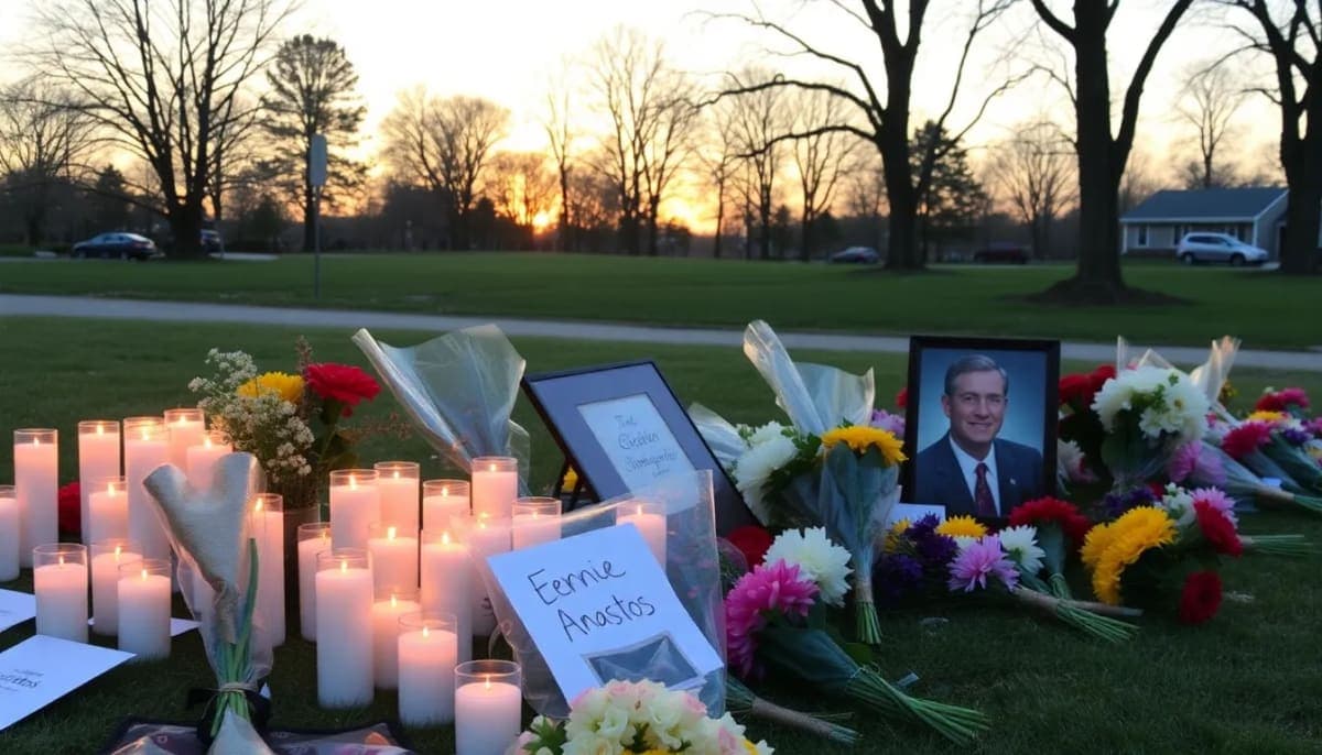 A vigil setting in Westchester honoring television news legend Ernie Anastos with candles and flowers.