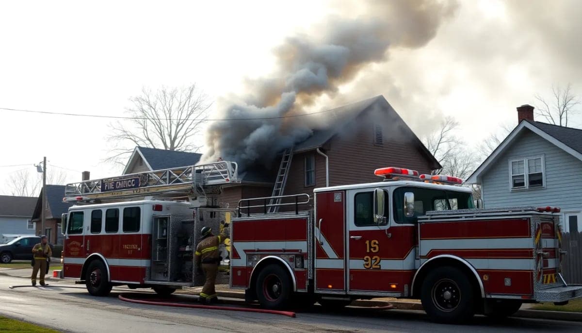 Firefighters battling a house fire in Fremont, showcasing a fire truck and dense smoke.