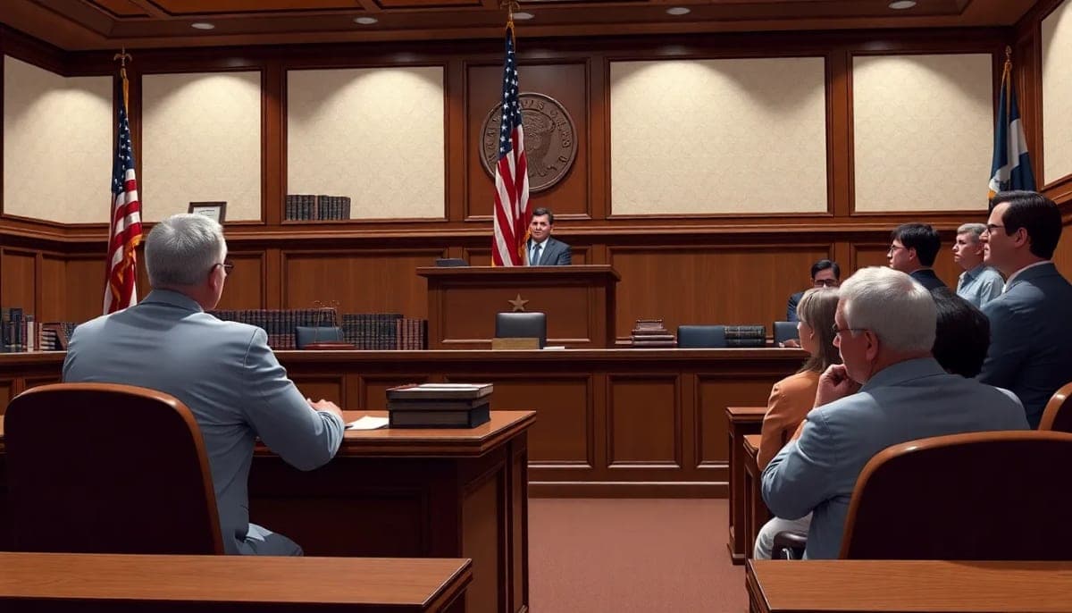 Courtroom scene of a lawyer facing charges for extortion.