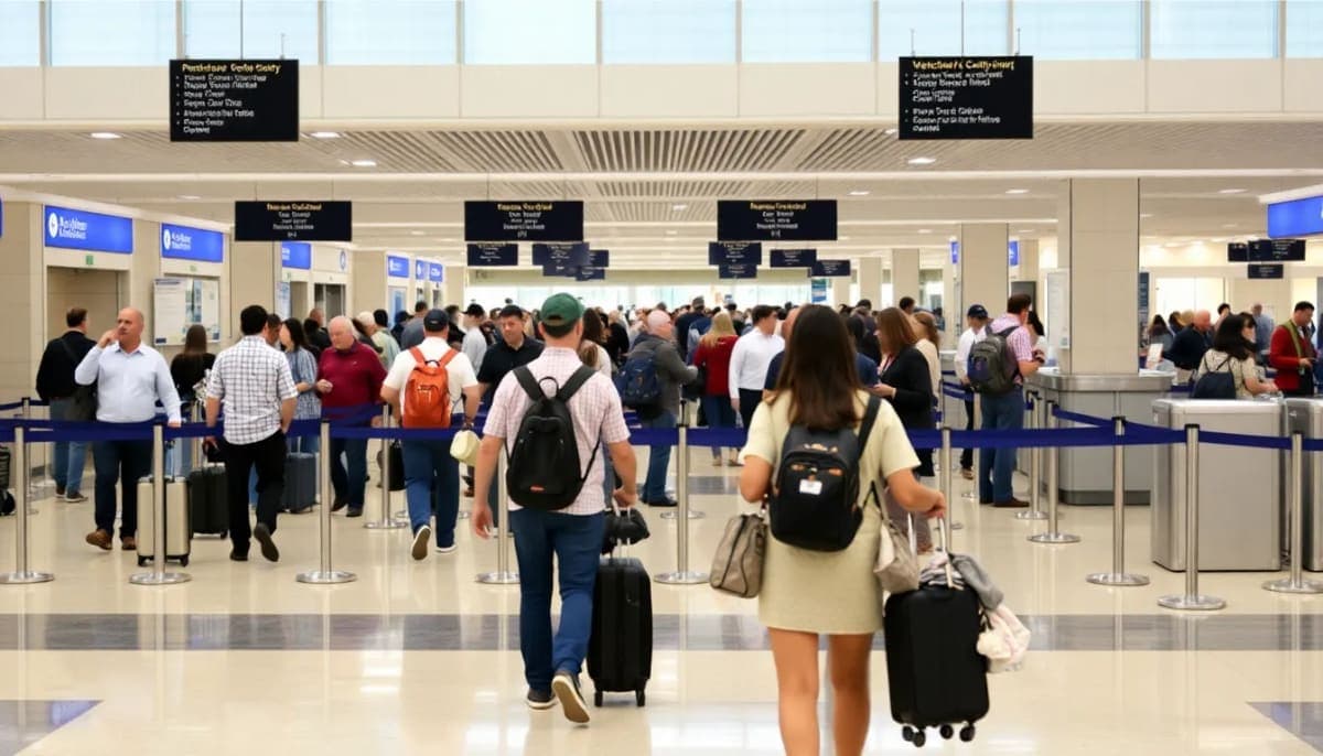 Busy airport with passengers going through TSA security checks in Westchester.