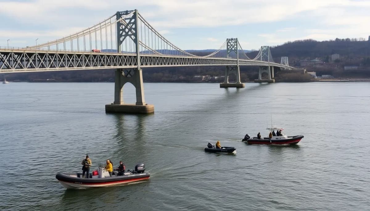 Emergency responders searching near the Newburgh-Beacon Bridge over the Hudson River.