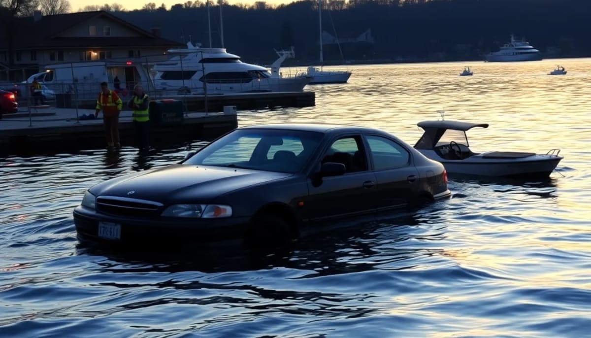 Car submerged in the Hudson River near Westchester Yacht Club, emergency vehicles present.