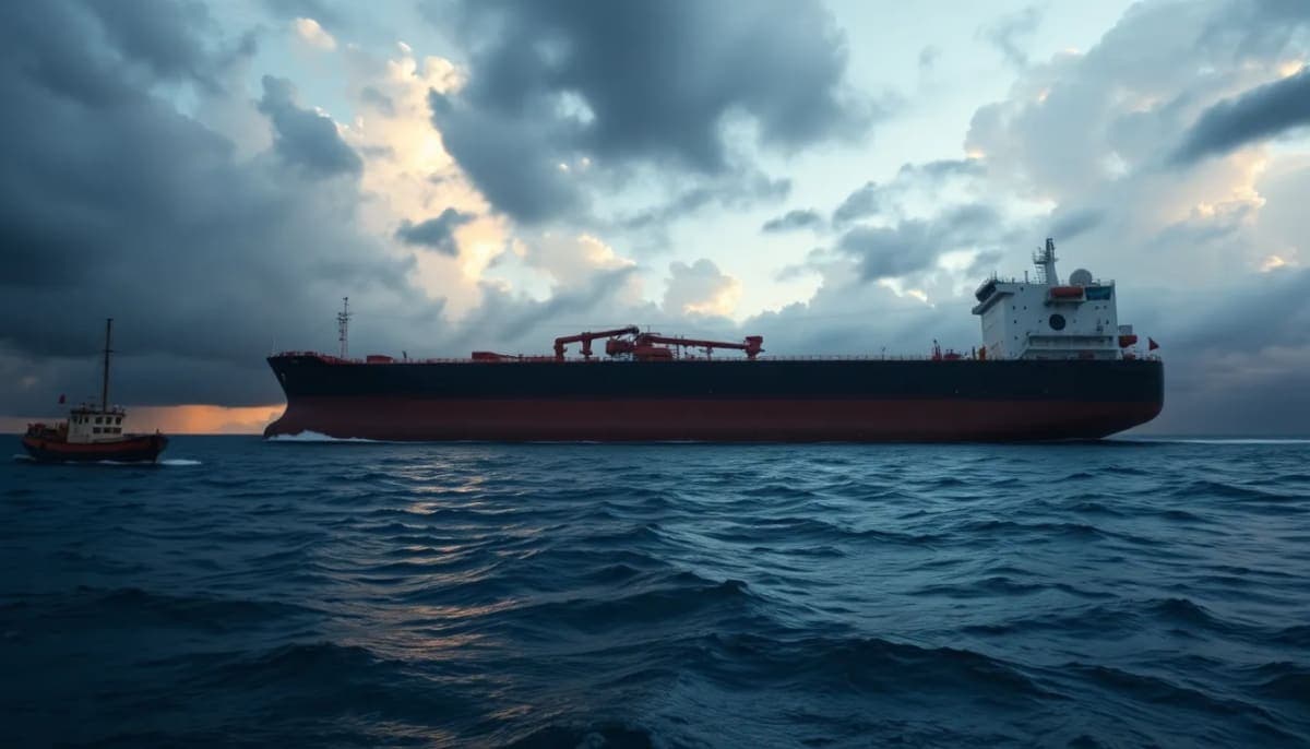 An oil tanker navigating through turbulent waters, illustrating maritime safety concerns.