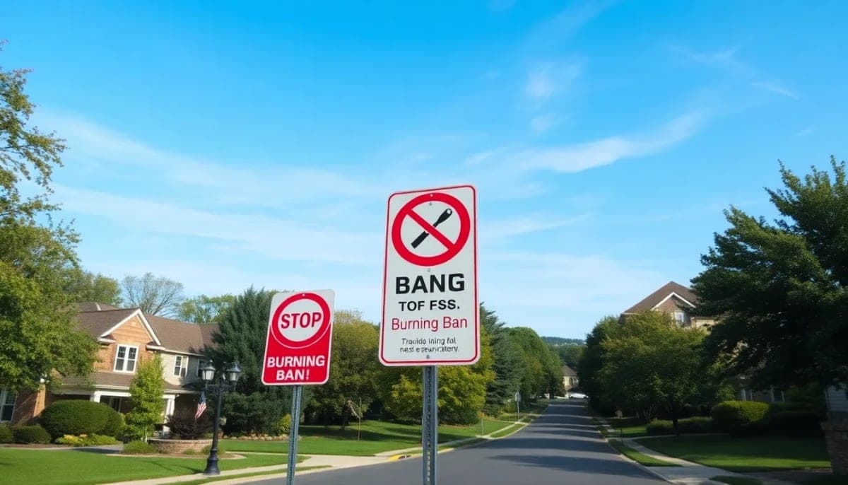 Westchester neighborhood with a burning ban sign, emphasizing fire safety.