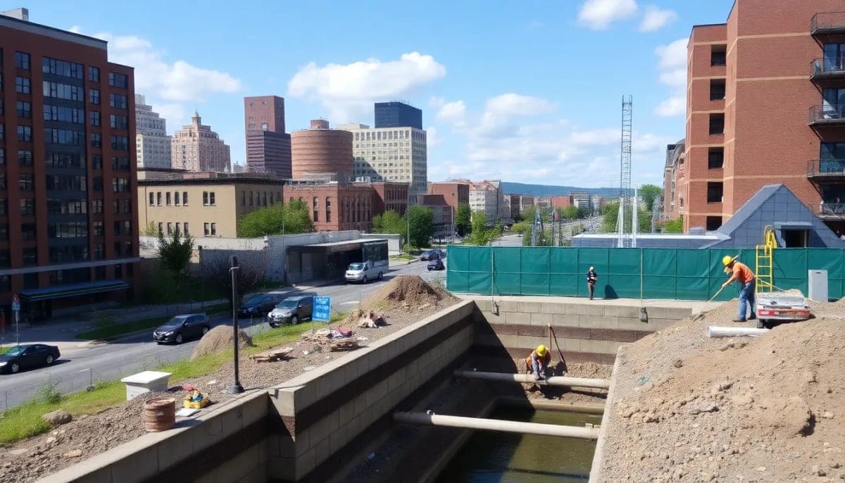 Construction site for water pipe replacement in Poughkeepsie, showcasing workers and equipment.