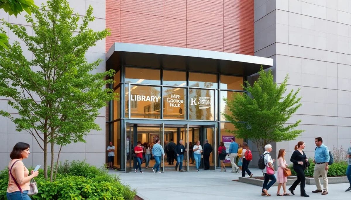 New Rochelle Public Library entrance bustling with community activity.