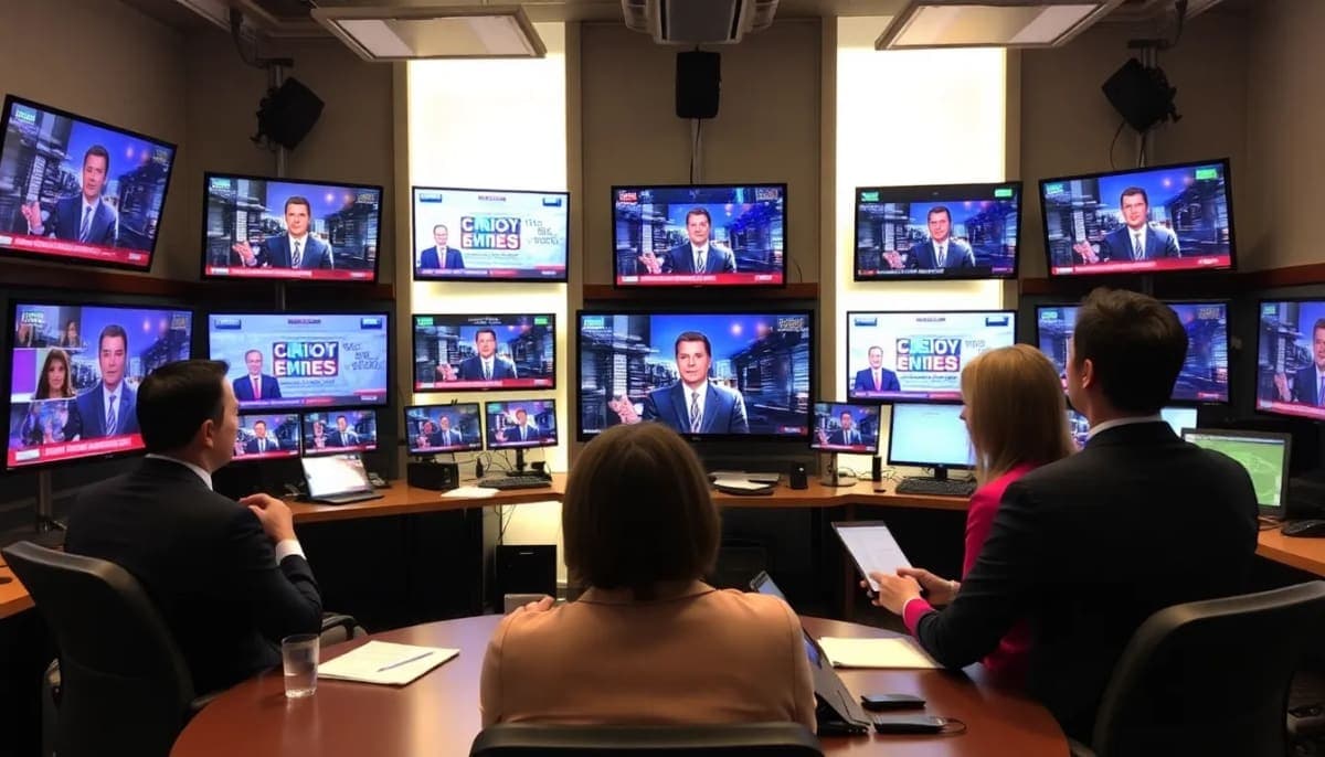 Journalists in a Westchester newsroom discussing news coverage and media integrity.