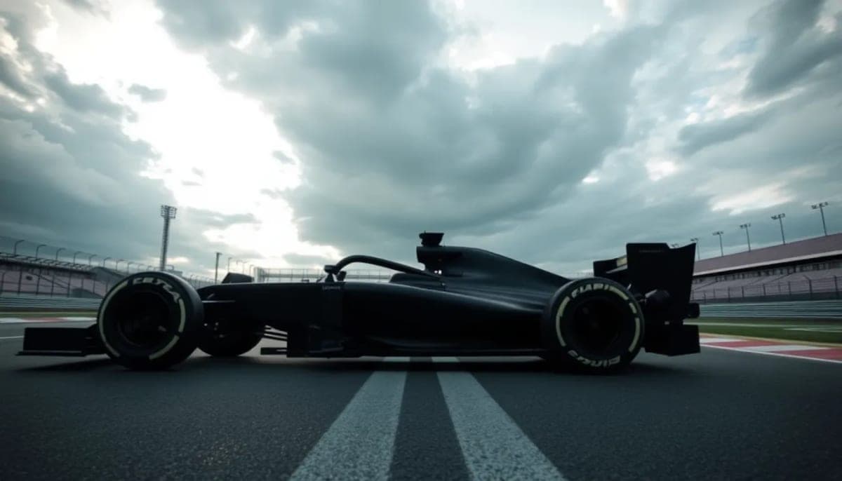 Empty Formula 1 race track illustrating canceled races due to conflict.