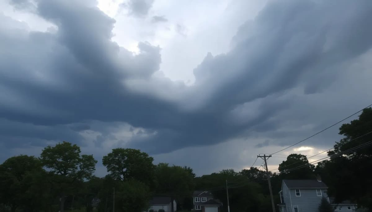 Storm clouds over Westchester County with trees bending in strong winds.