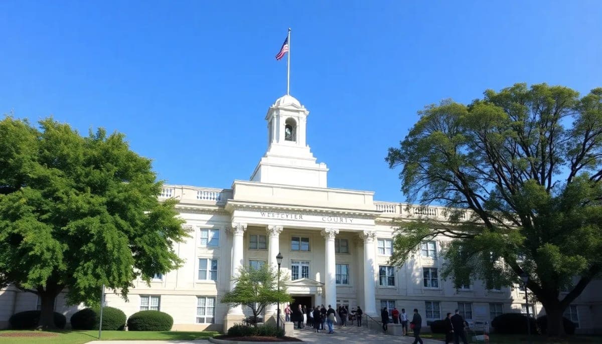 Westchester County Courthouse with clear skies and community activity.